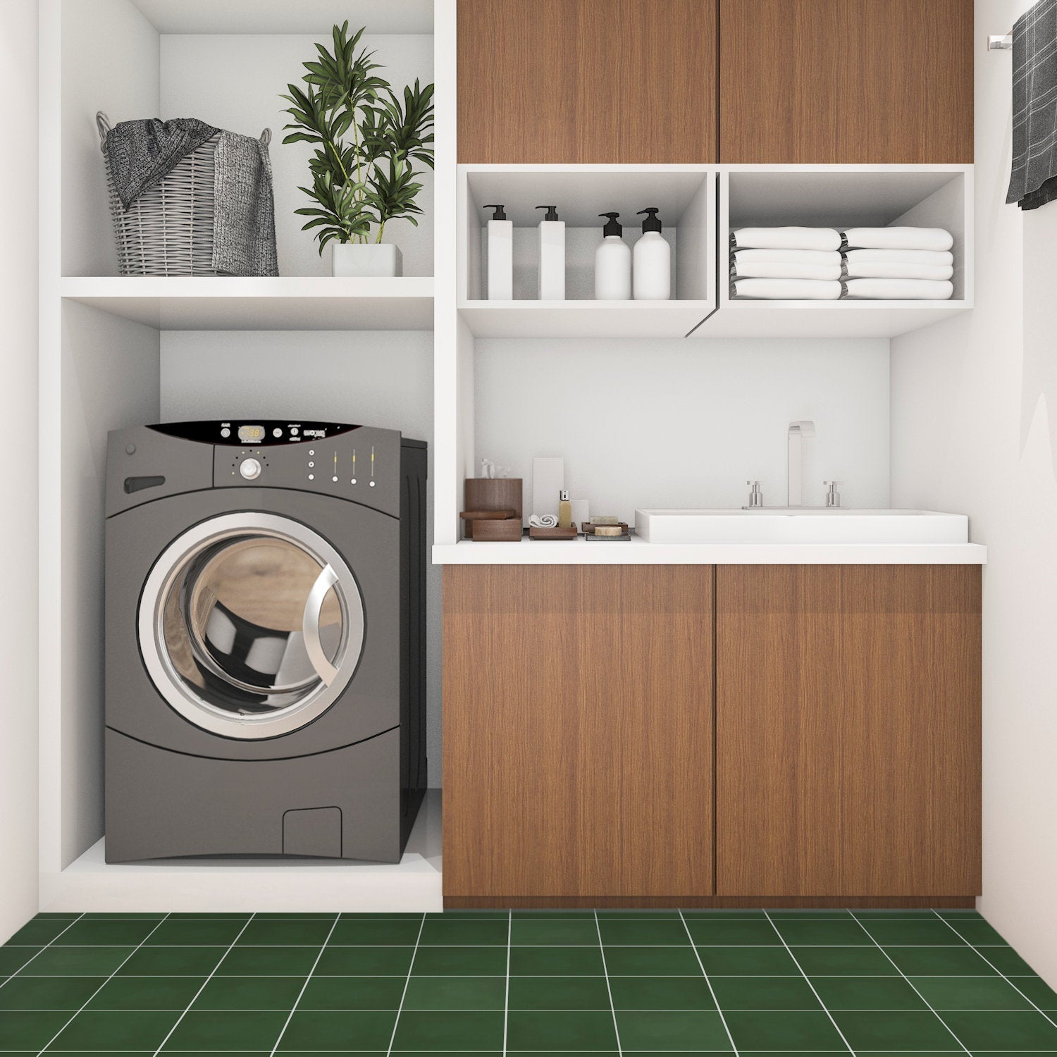 Modern laundry room with washing machine, sink, shelves, towels, and New York Cement Tile 3314-Solid 8x8 floor tiles.