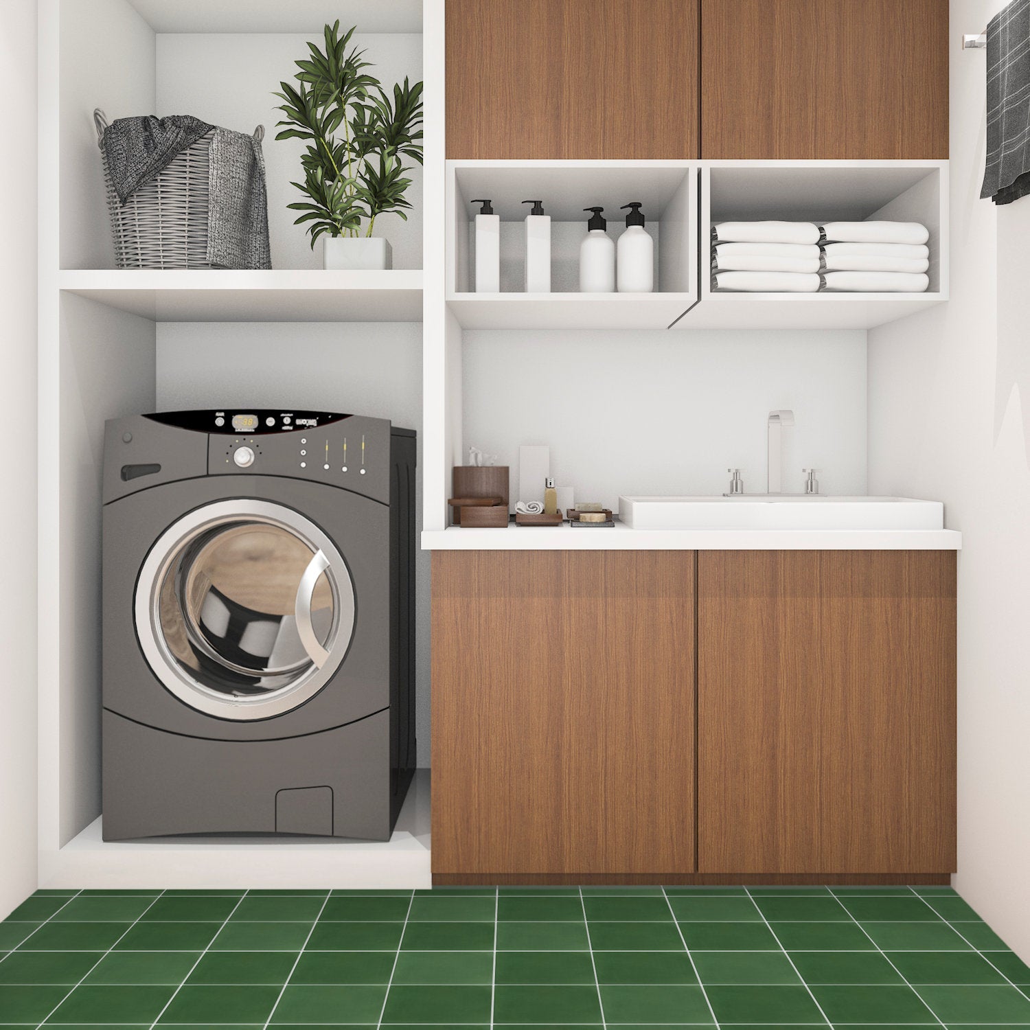 Modern laundry room with washer, sink, wood cabinets, shelves with towels, and 3343-Solid green floor by New York Cement Tile.