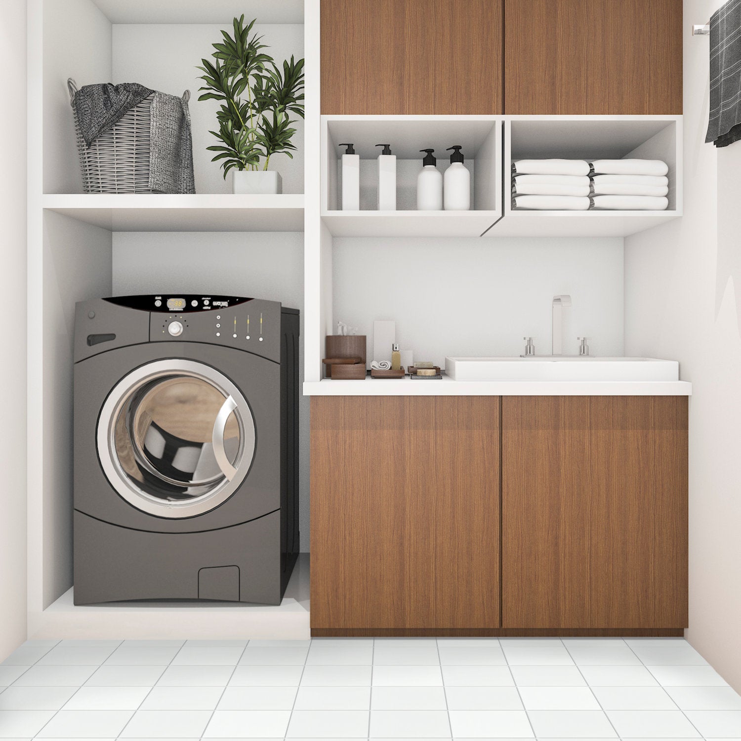 Modern laundry room with a front-load washer, wooden cabinets, and 1100- Solid White 8x8 tiles by New York Cement Tile.