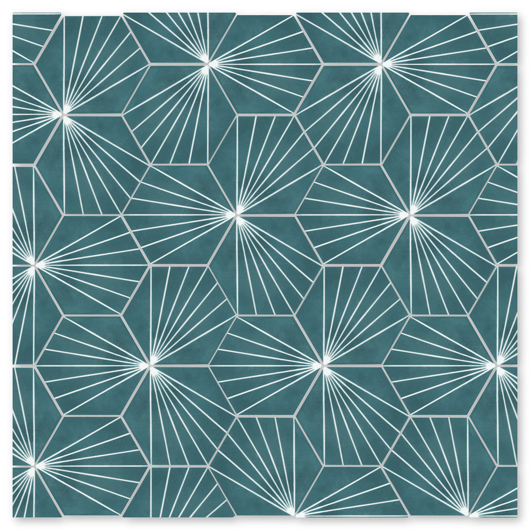 NH23-036 - 4455 Sample by New York Cement Tile: Teal background with white geometric fan-shaped polygon pattern.