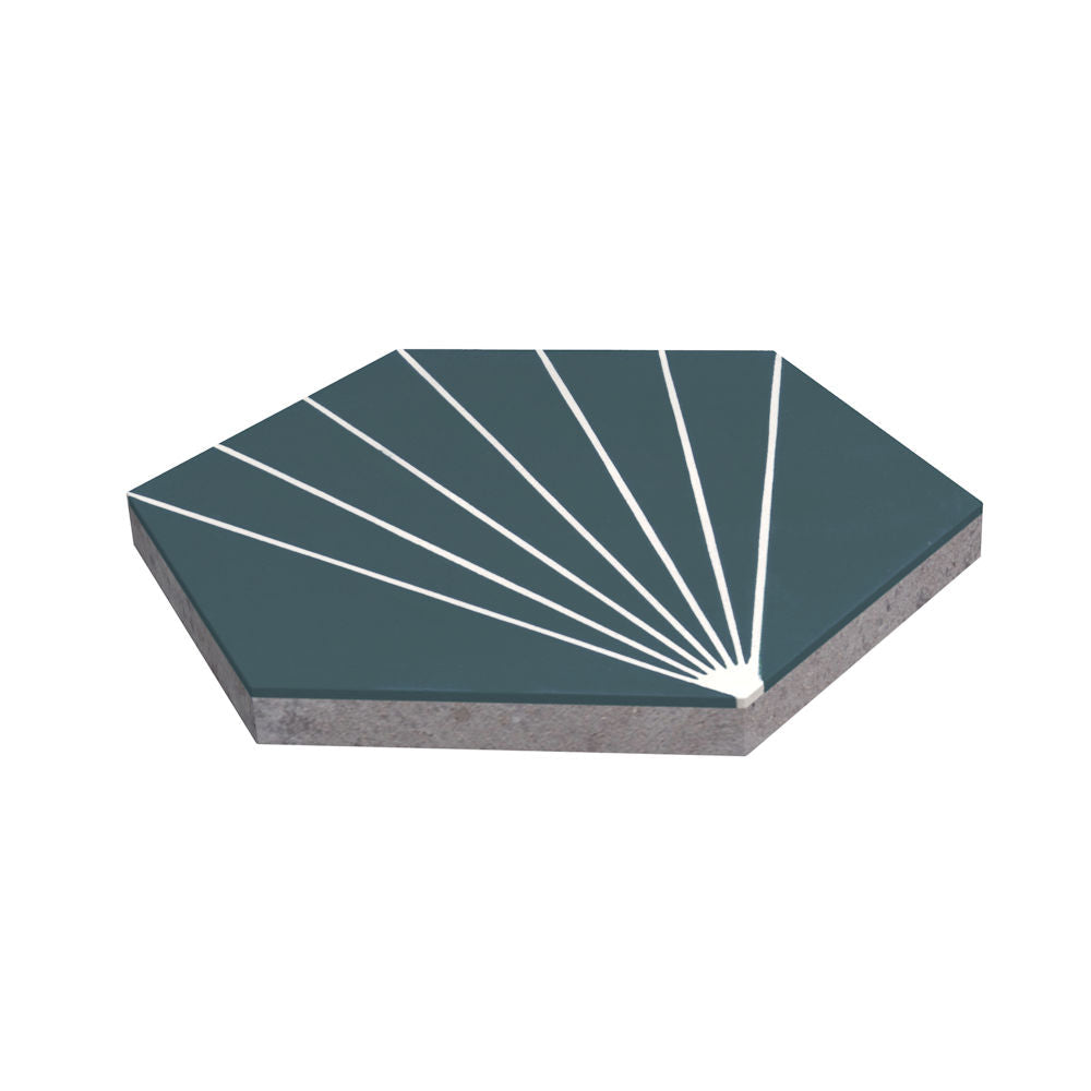 NH23-036 - 4455 by New York Cement Tile: hexagonal tile, dark green with white fan-like lines radiating from a corner.