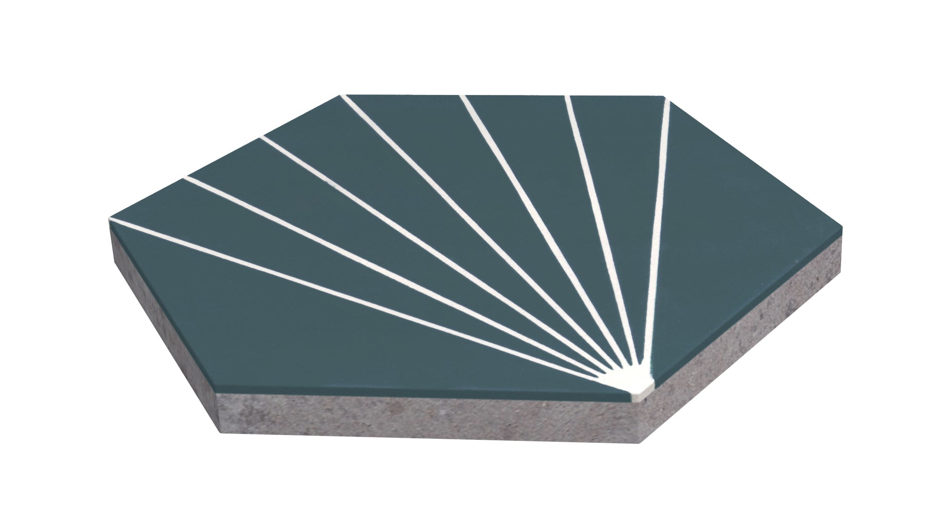 NH23-036 - 4455 by New York Cement Tile: dark teal hex tile with white fans, handcrafted and slip-resistant.
