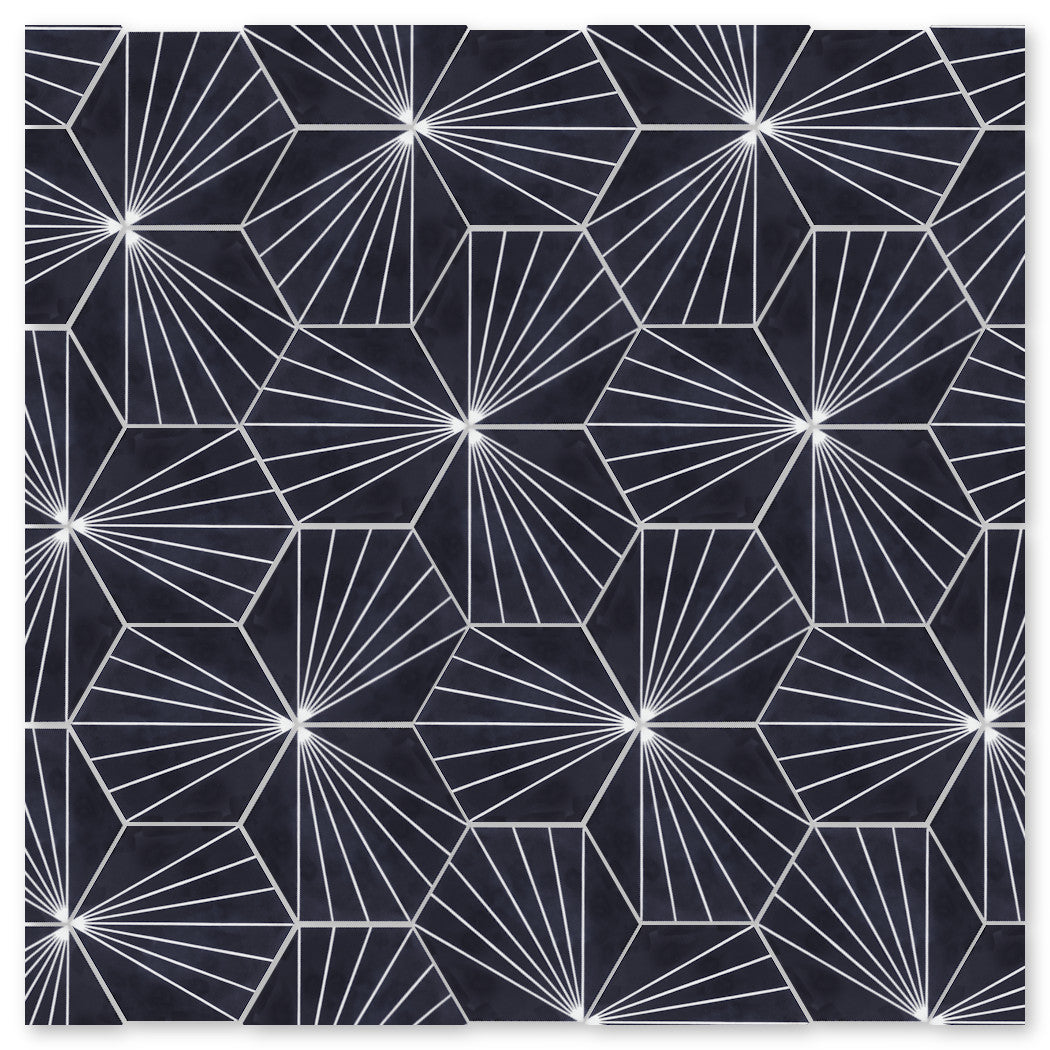Starburst white lines on dark NH23-036 Black tiles by New York Cement Tile create a striking geometric pattern.