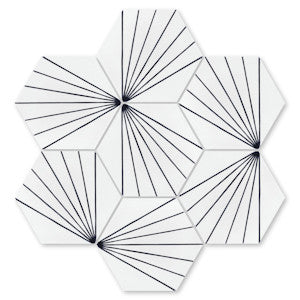 Six NH23-036 White tiles by New York Cement Tile feature bold black lines forming a striking starburst geometric pattern.