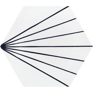 The NH23-036 White, Extra Sample by New York Cement Tile features a white hexagon with black radiating lines.