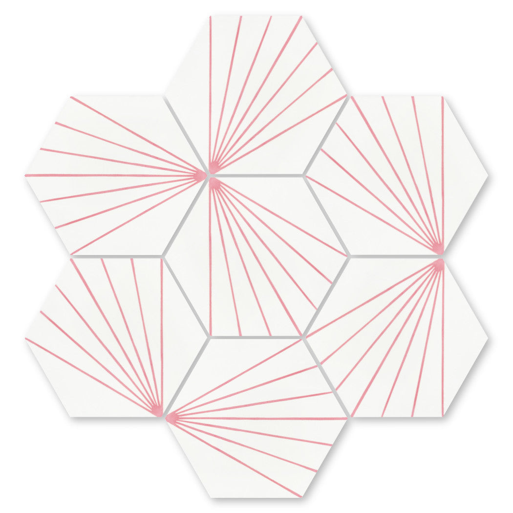 Six NH23-036 - 5512 tiles by New York Cement Tile feature thin pink lines forming a modern geometric pattern.