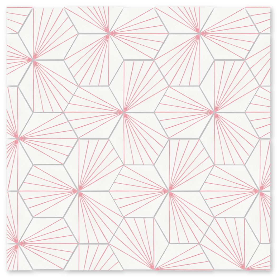 NH23-036 - 5512 by New York Cement Tile: pentagon pattern with radiating pink lines on crisp white, tile-inspired design.