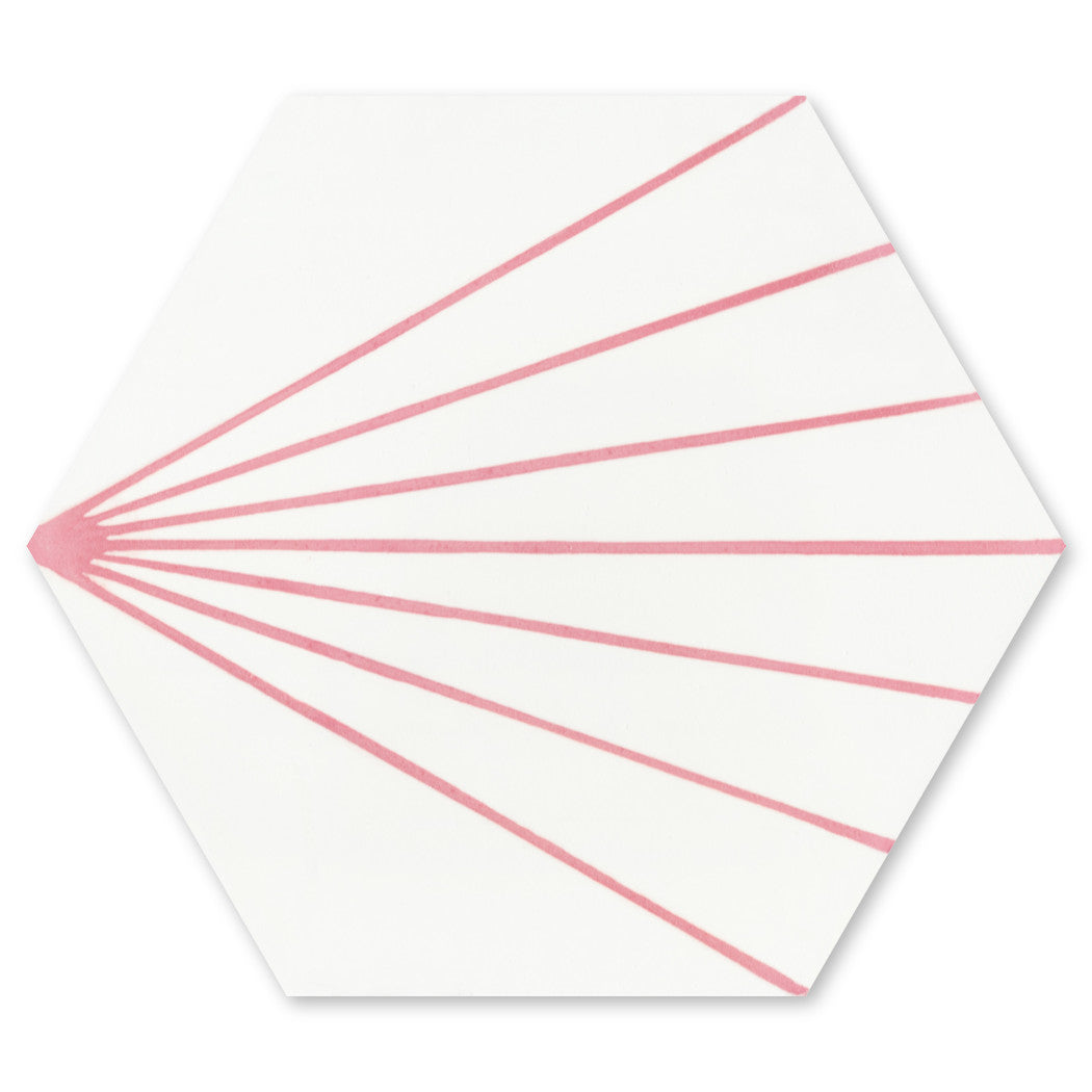 New York Cement Tile's NH23-036 - 5512 features a hexagonal white tile with pink sunburst lines from one corner.