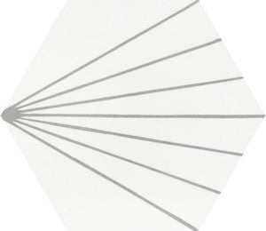 The NH23-036 - W&G2219 tile by New York Cement Tile is a white hexagon with seven gray lines from the bottom left.