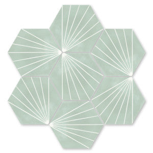 Six mint-green hex tiles (NH23-036 - 3331, New York Cement Tile) with white lines in a geometric floral pattern.