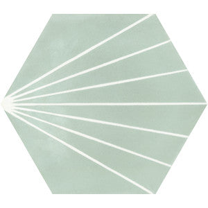 New York Cement Tile's NH23-036 - 3331 sample: hex tile, pale green with white sunburst lines from one corner.