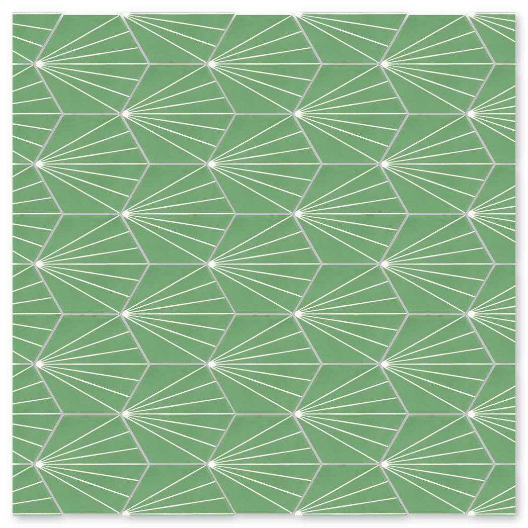 The NH23-036 - 3305 by New York Cement Tile features white geometric pentagons and fan shapes on green handcrafted tiles.