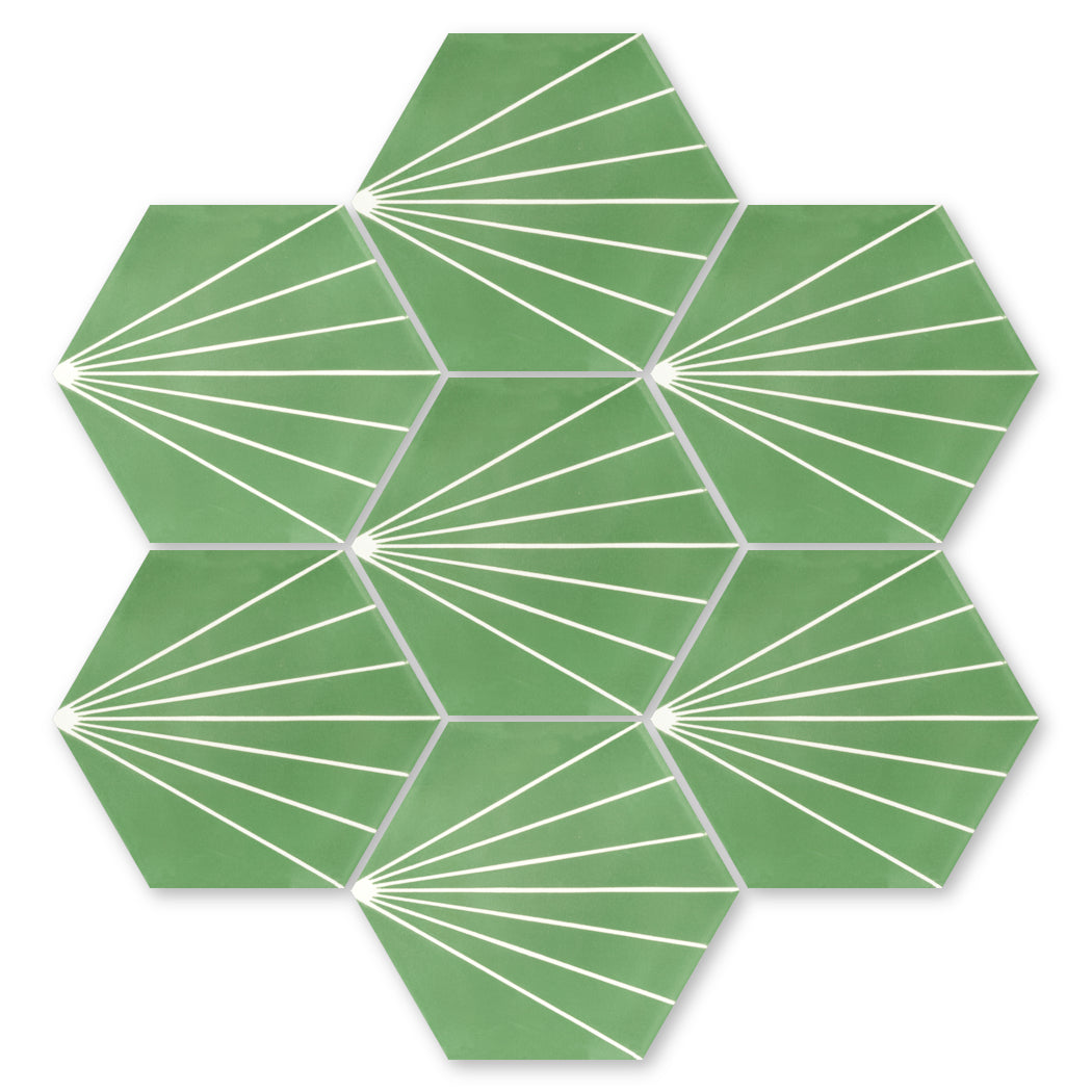 Seven NH23-036 - 3305 tiles by New York Cement Tile feature green hexagons with white lines in a modern geometric pattern.