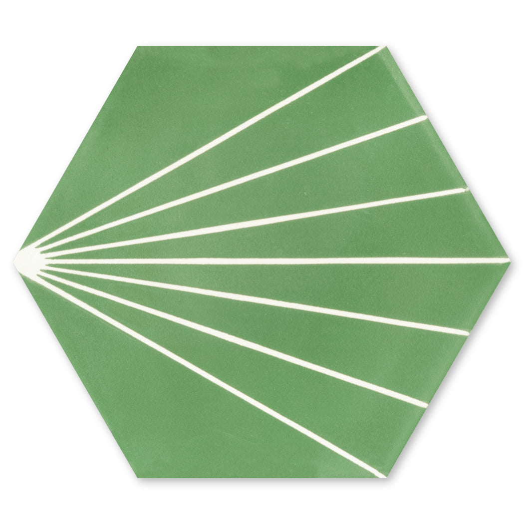 The NH23-036 - 3305 Extra Sample by New York Cement Tile is a green hex tile with white fan-like radiating lines.