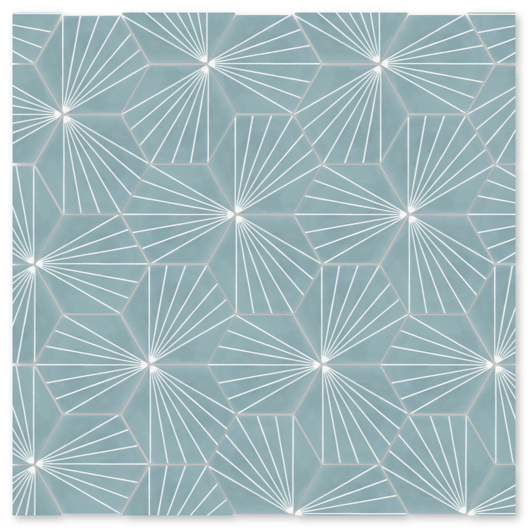 Geometric teal pentagons and white lines, inspired by handcrafted tiles, cover NH23-036 - 4401 by New York Cement Tile.