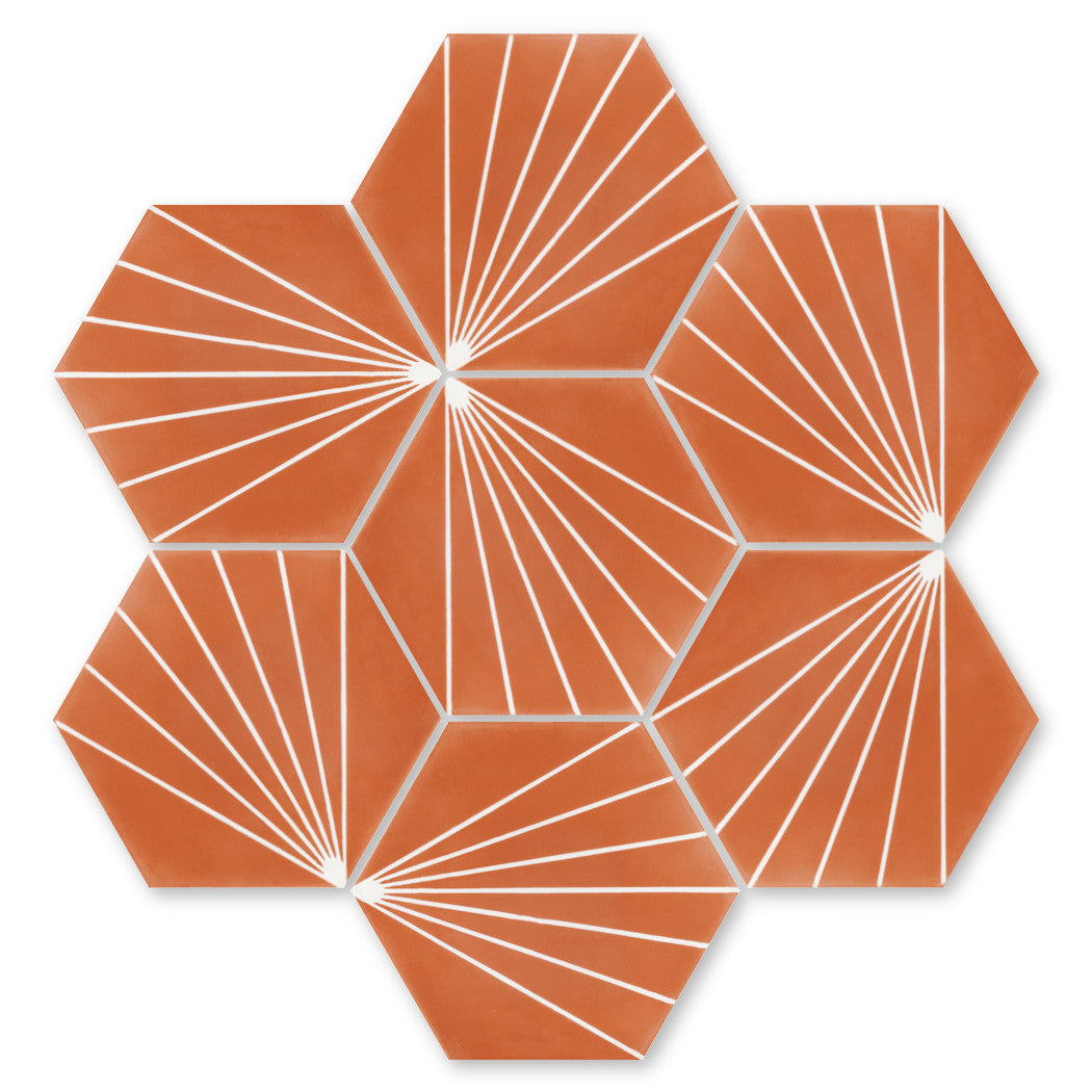 Six NH23-036 - 7722 New York Cement Tile hexagons feature orange and white lines for a geometric, floral effect.