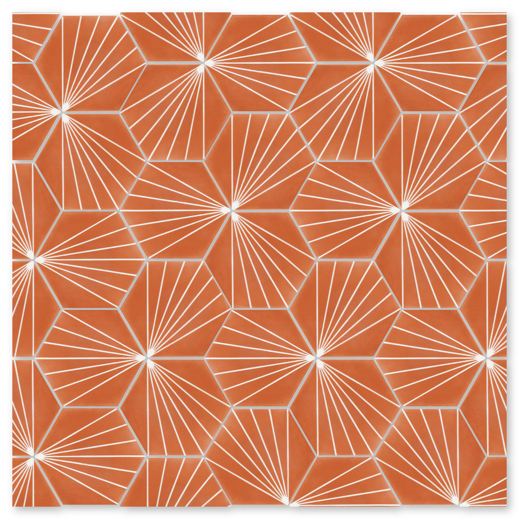 The NH23-036 - 7722 tile by New York Cement Tile features orange starburst patterns with white lines and geometric shapes.