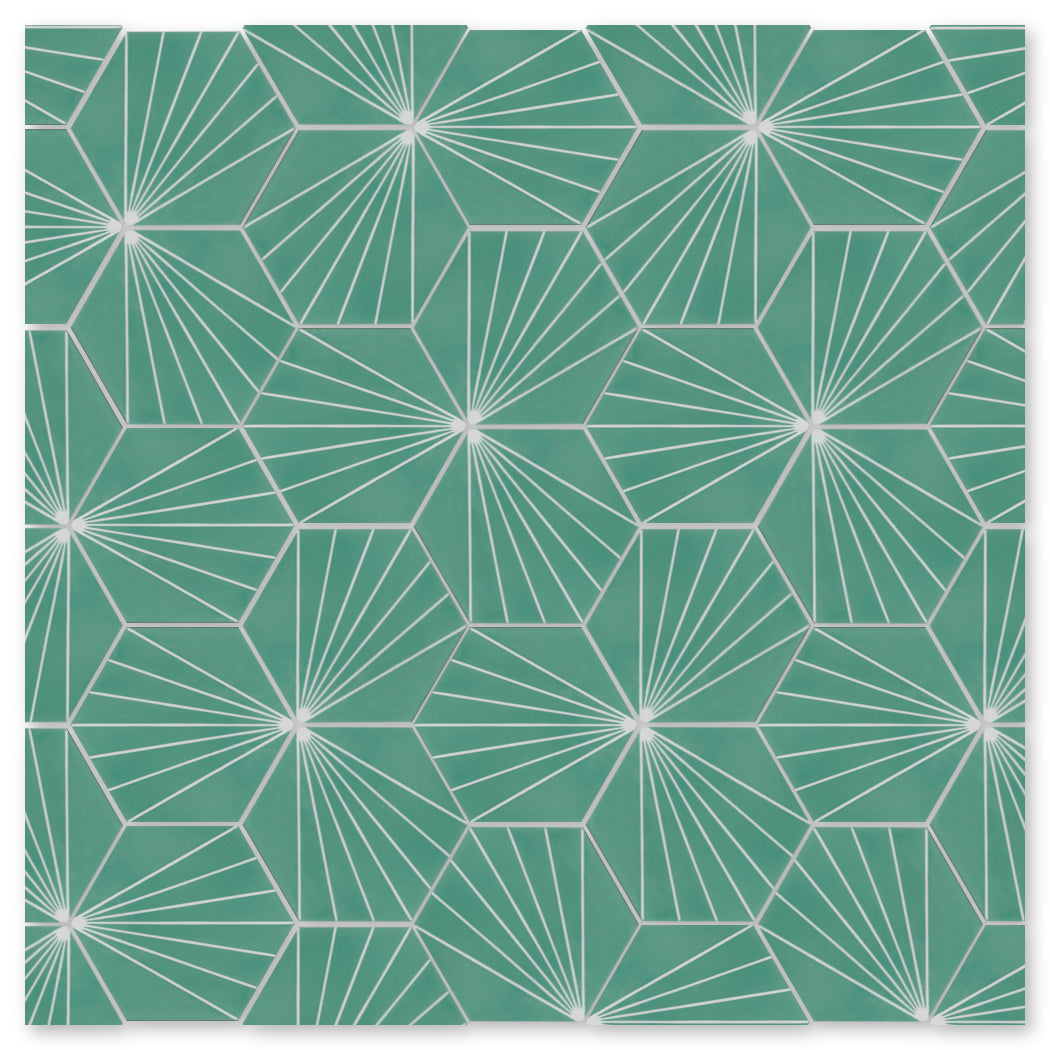 NH23-036 - 4464 by New York Cement Tile: Geometric green cement tiles with white stars and pentagons on teal.