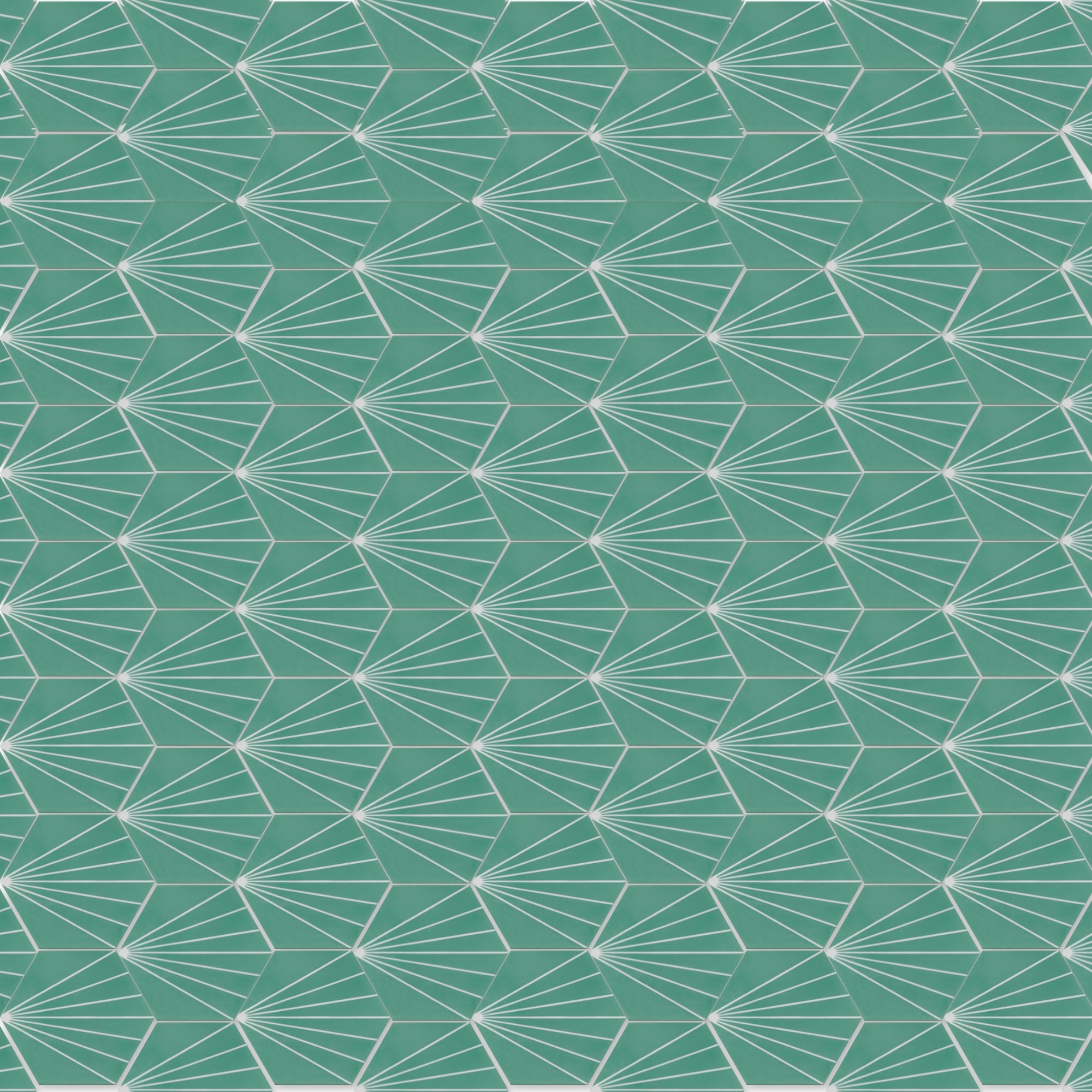 NH23-036 - 4464 by New York Cement Tile: White fan-shaped polygons on green, forming a modern geometric repeat pattern.