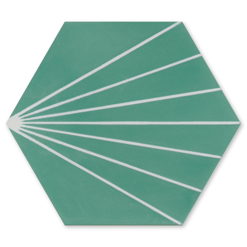 The NH23-036 - 4464 Extra Sample by New York Cement Tile is a green hex tile with white sunburst lines from one corner.