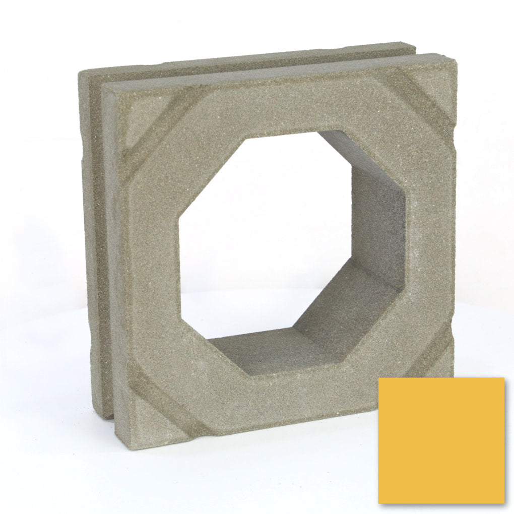 The Sumar Sample by New York Cement Tile is a gray mid-century breeze block with an octagonal hole, shown beside mustard yellow.