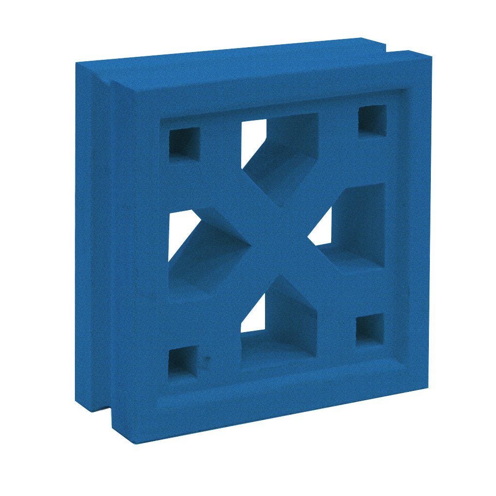 The Tahit breeze block by New York Cement Tile features a blue X design, ideal for decorative mid-century modern partitions.
