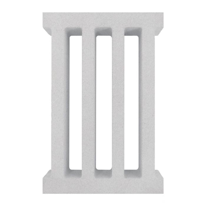 The Taz by New York Cement Tile is a white rectangular breeze block with three vertical slots like the Roman numeral III.
