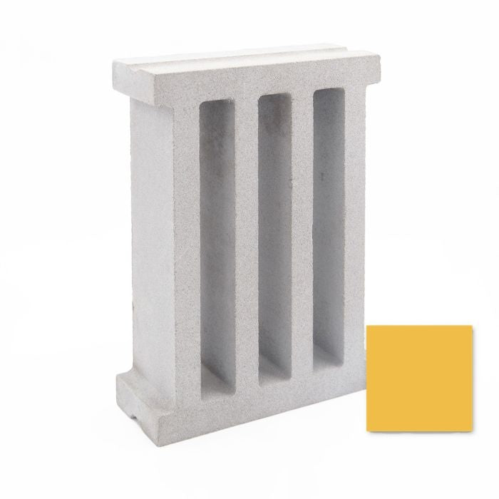 The Taz Sample by New York Cement Tile, a modern breeze block with 3 openings, sits near a yellow swatch on white.