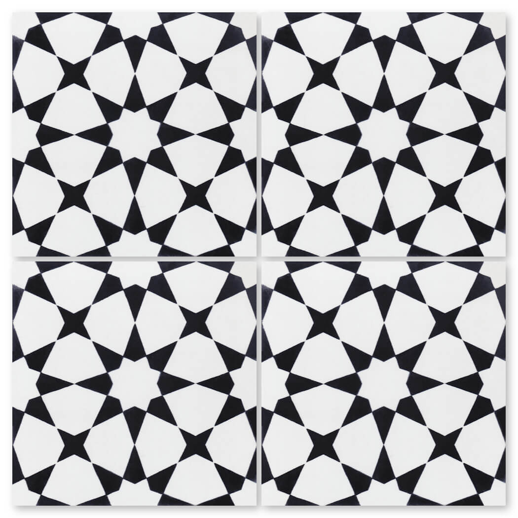 The N20-271 White & Black Sample by New York Cement Tile features a repeating, symmetrical geometric star pattern.