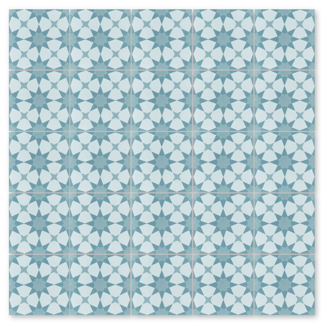 The N20-271 Blue sample by New York Cement Tile features a blue and white geometric star pattern in a symmetrical grid.