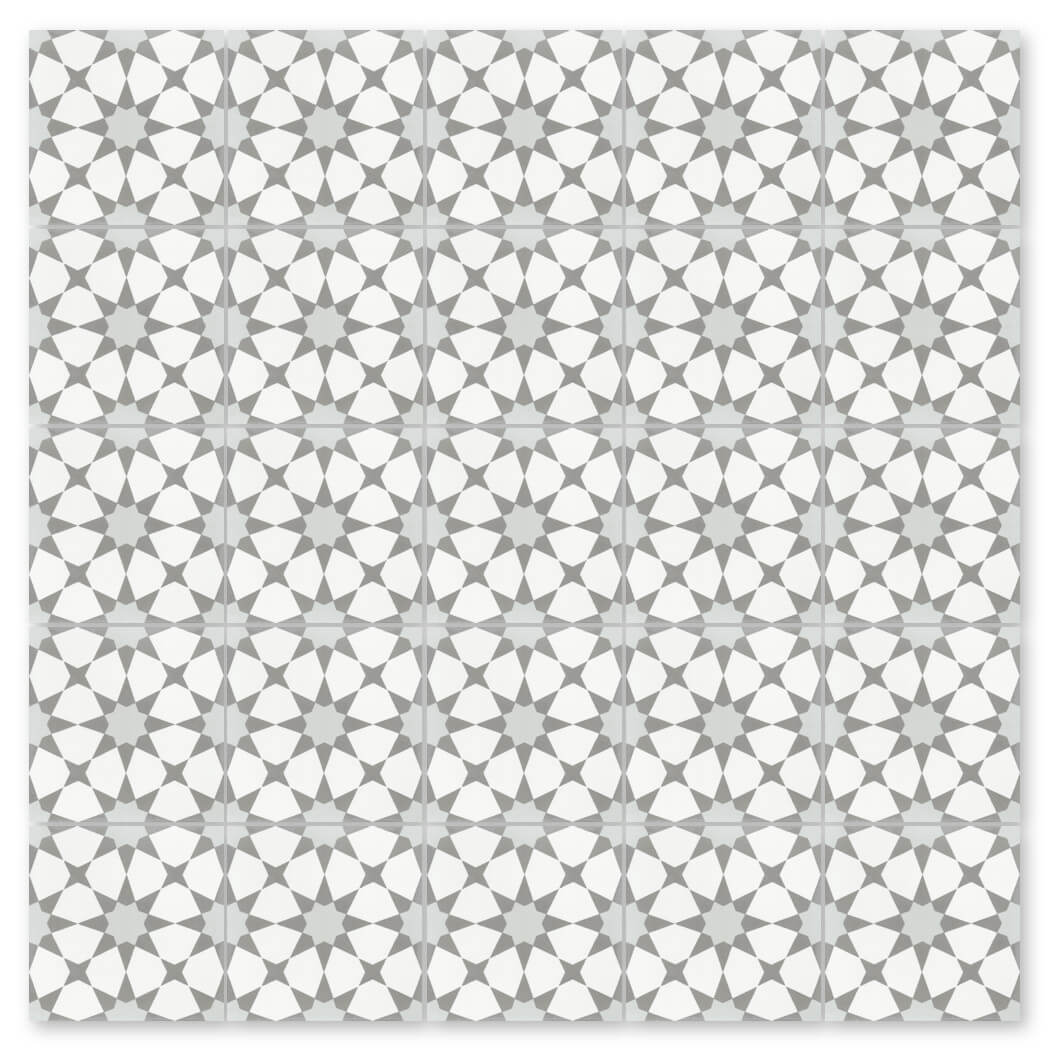 N20-271 Silver by New York Cement Tile features a gray and white star and diamond pattern, inspired by handcrafted tiles.
