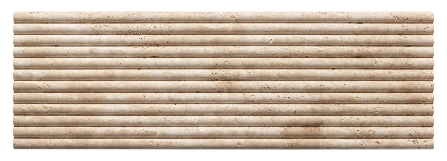 Terra - Sample by New York Cement Tile: Textured beige tile with horizontal ridges, brown speckles, and natural veining.