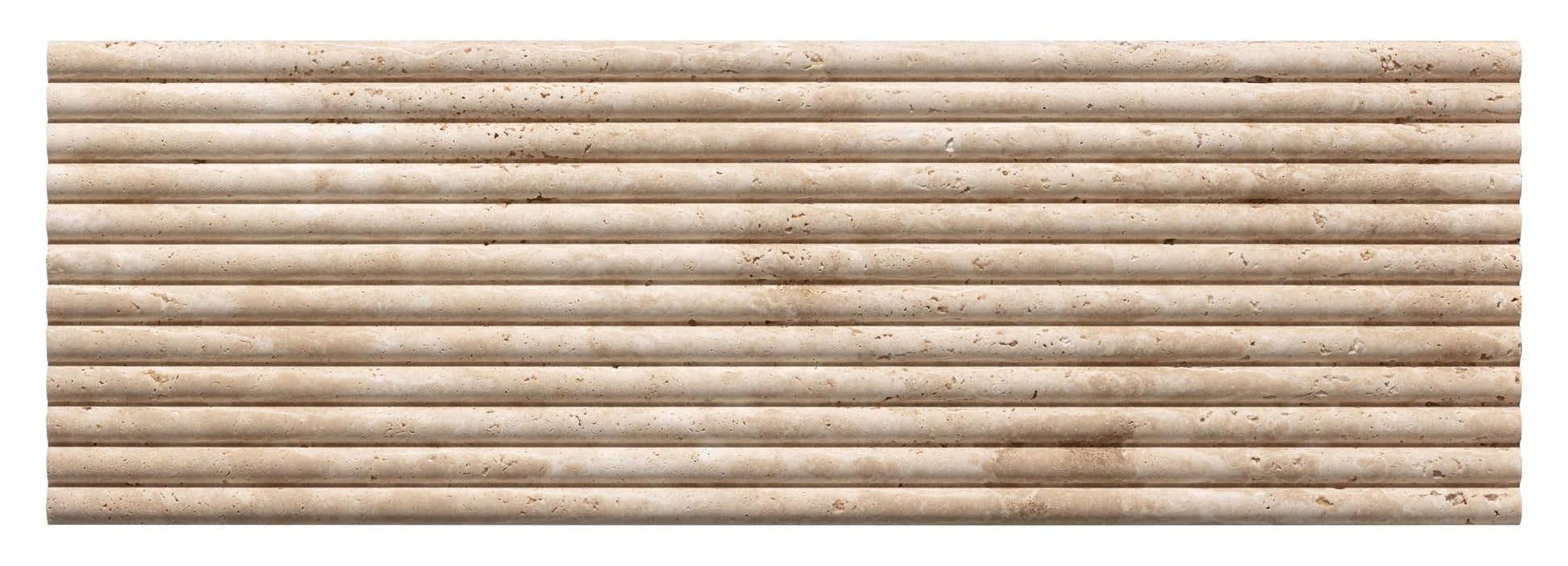Terra - Sample by New York Cement Tile: Textured beige tile with horizontal ridges, brown speckles, and natural veining.
