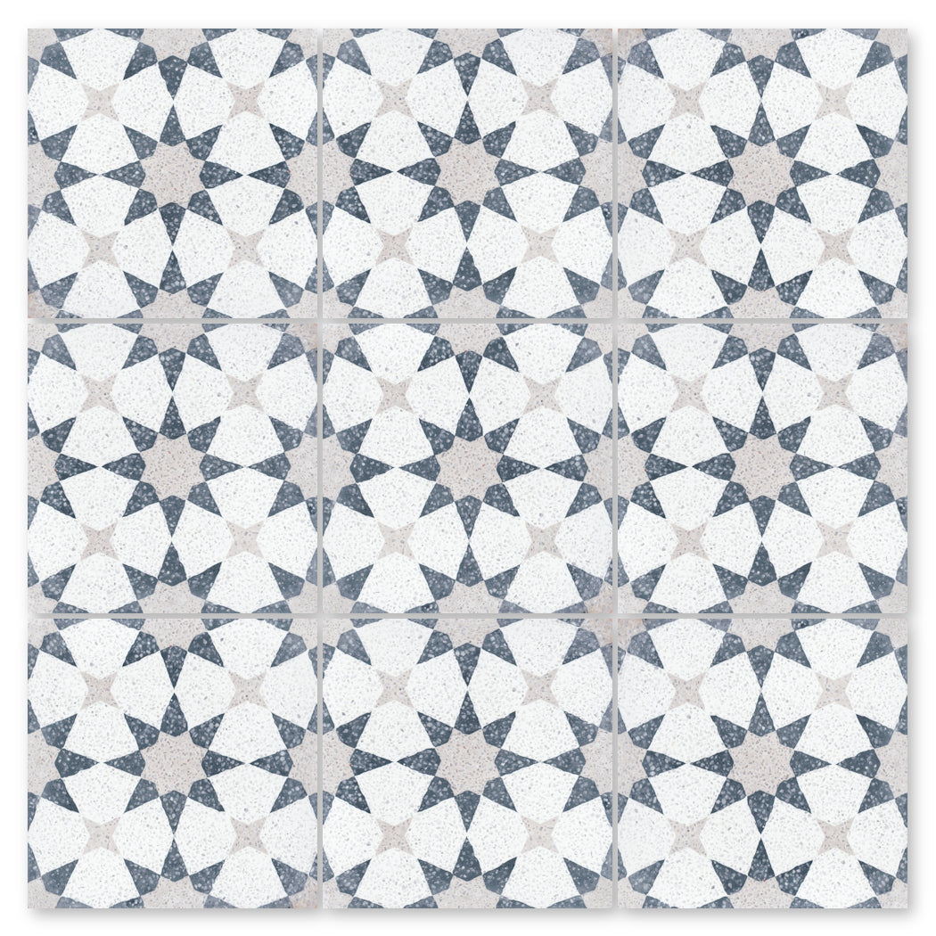 The Terrazzo 8x8- NT20-271 by New York Cement Tile features a geometric star in white, blue, and gray tile pattern.