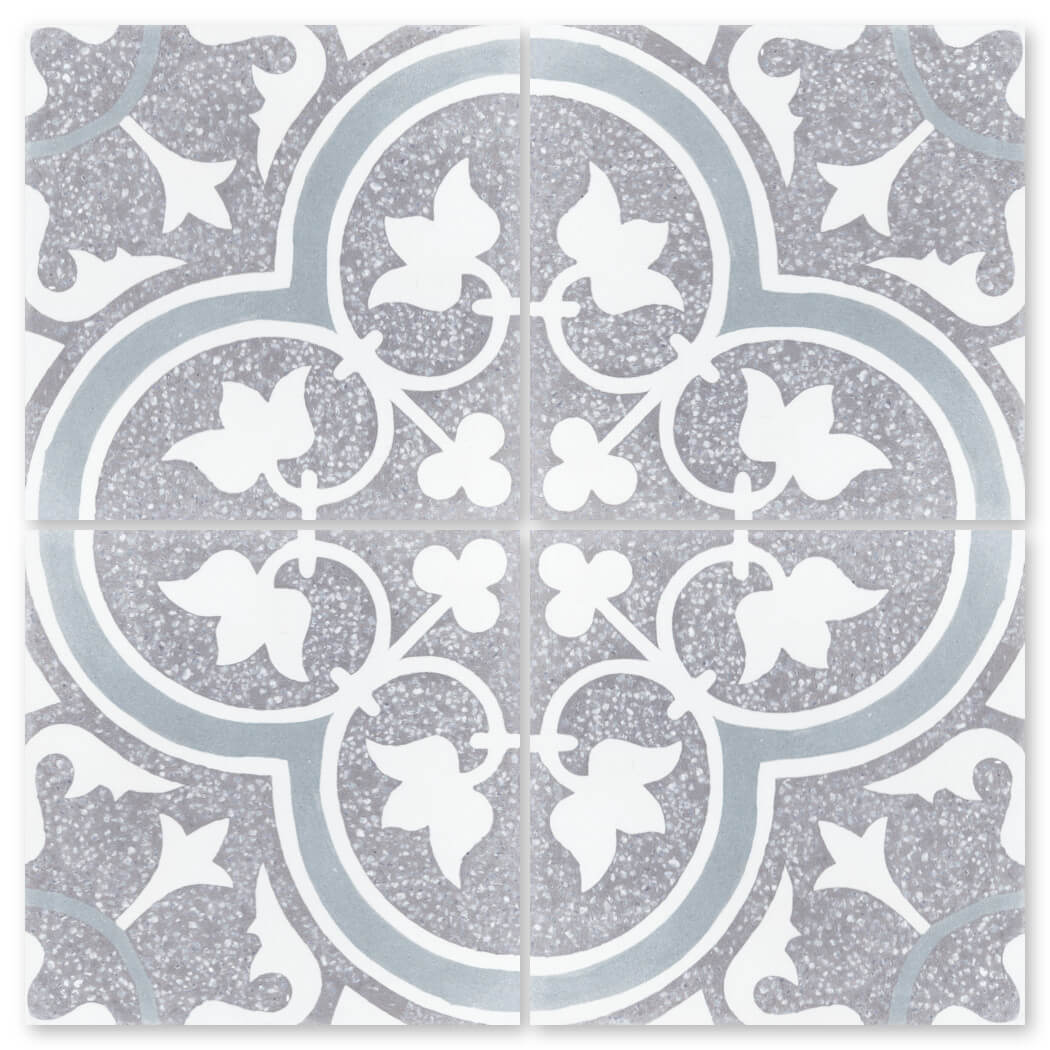 NT20-045 Holland Grey by New York Cement Tile: gray and white floral mosaic tile, four squares, ideal for durable flooring.