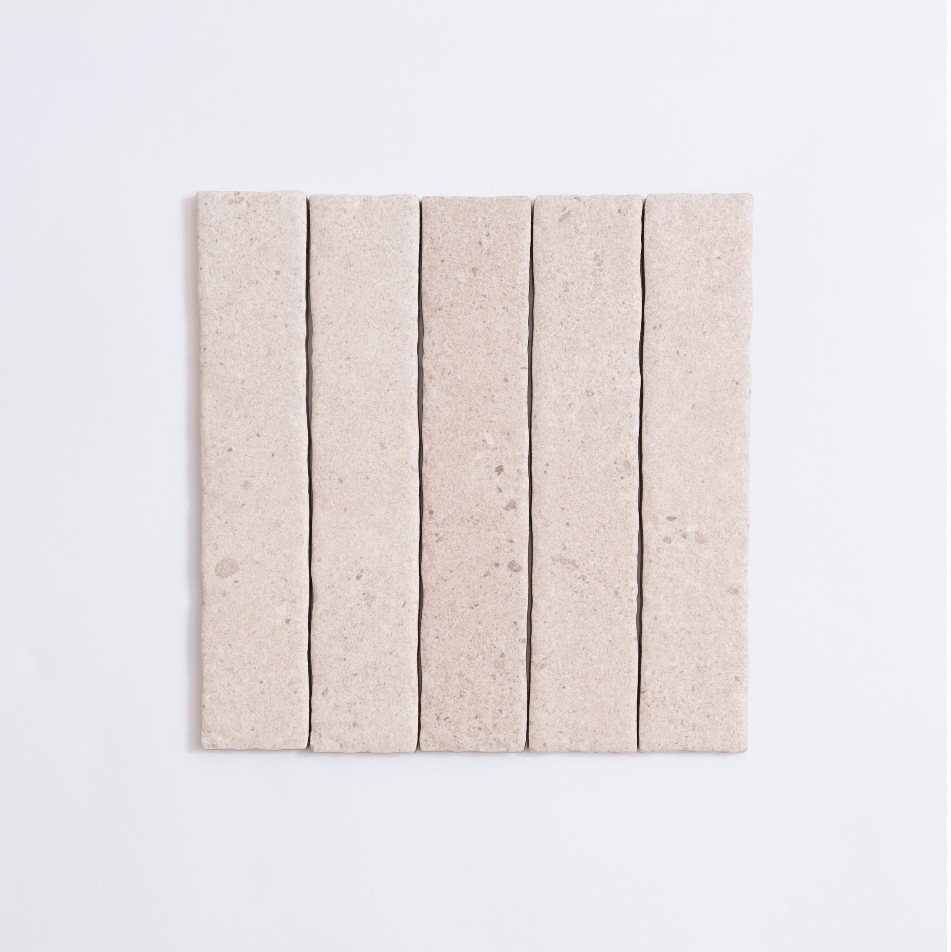 Five Toba Taupe R11 sample tiles by Toba are arranged vertically in a neat row on a white background.