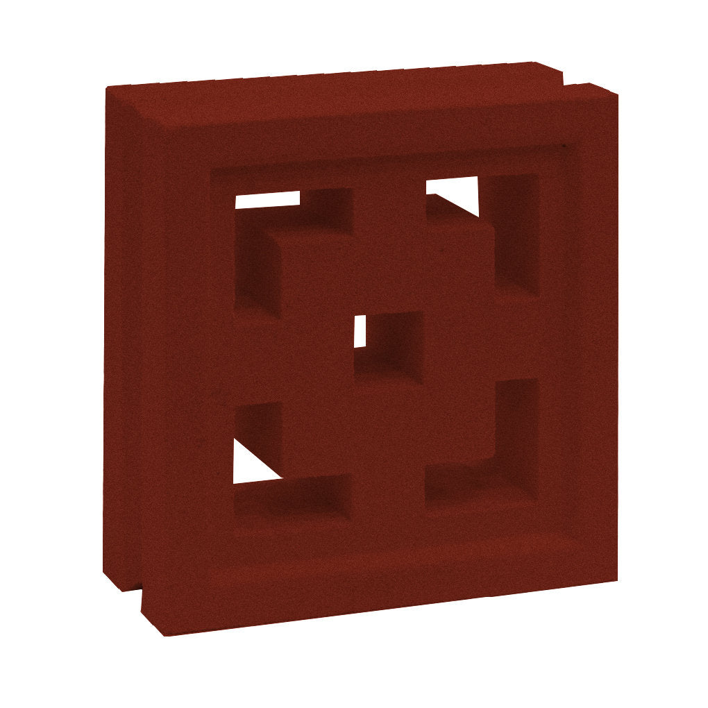 The Tong by New York Cement Tile is a red, square breeze block with geometric cutouts for stylish modern partitions.