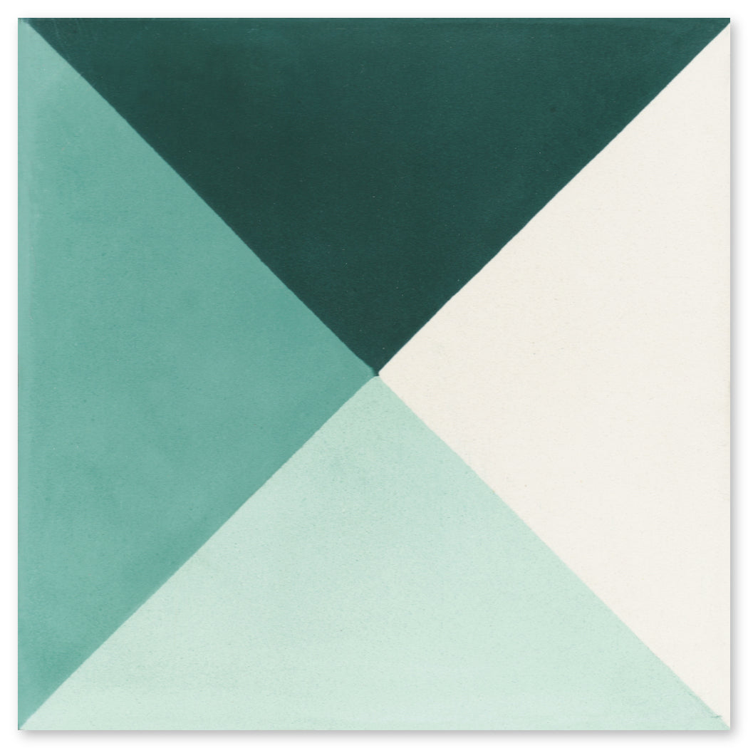 The Tugboat Green Gingham sample by New York Cement Tile features four triangles in green tones meeting at the center.