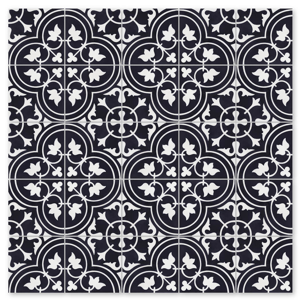 The N20-045 Black by New York Cement Tile features black and white handcrafted tiles with ornate floral and geometric patterns.