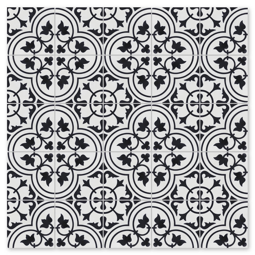 The N20-045 White by New York Cement Tile features a black and white geometric floral pattern with handcrafted detailing.