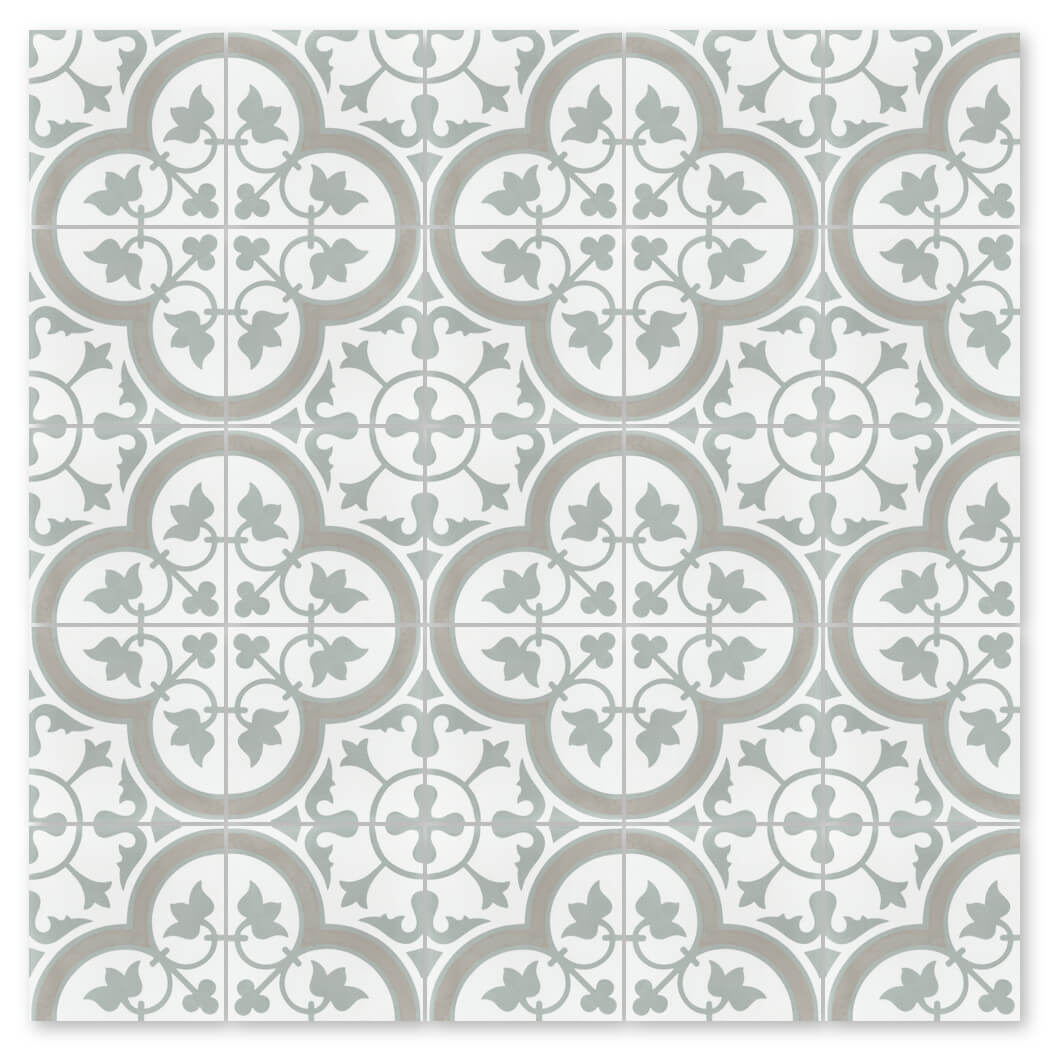N20-045 Vintage Grey by New York Cement Tile: gray and white cement tile with a symmetrical floral & geometric pattern.