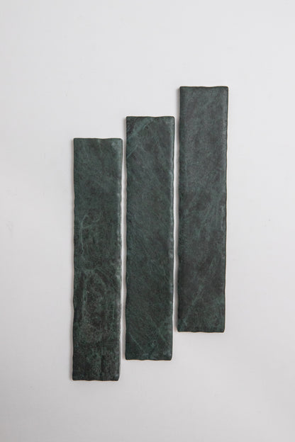 Three rectangular Verde Tia tiles by Tosca are arranged vertically on a plain white background.