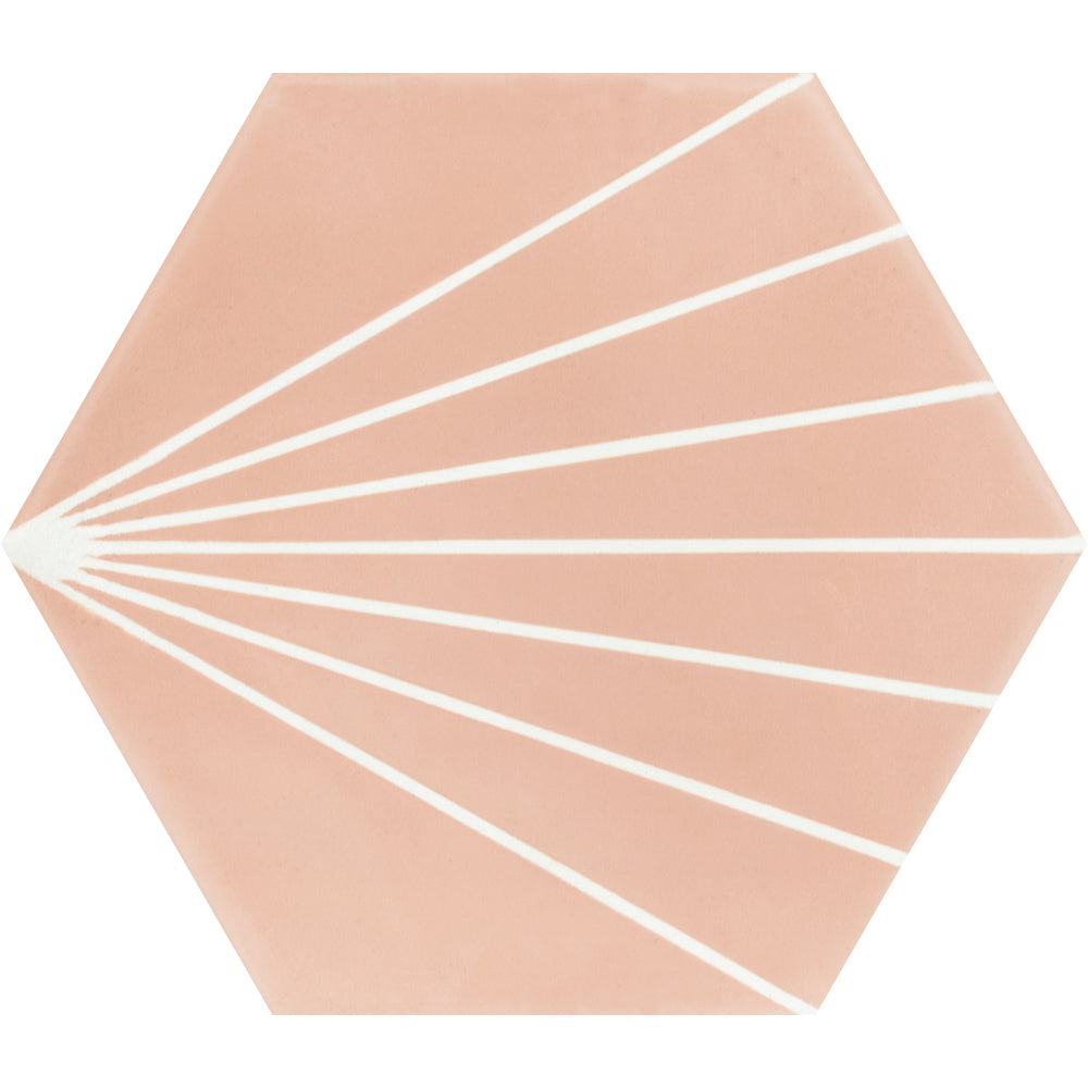 New York Cement Tile's NH23-036 - 5505 is a hexagonal pink tile with white sunburst lines, available as an extra sample.