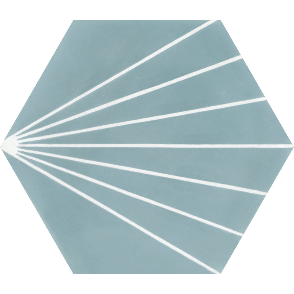 New York Cement Tile’s NH23-036 - 4401 Extra Sample: hexagonal blue tile with white radiating lines, sunray/fan pattern.