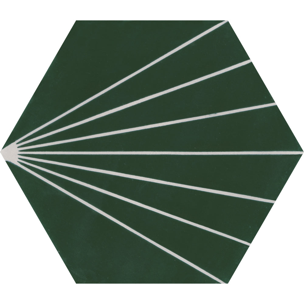 NH23-036 - 3314 Extra Sample by New York Cement Tile: dark green hexagon with white fan-like lines from one corner.