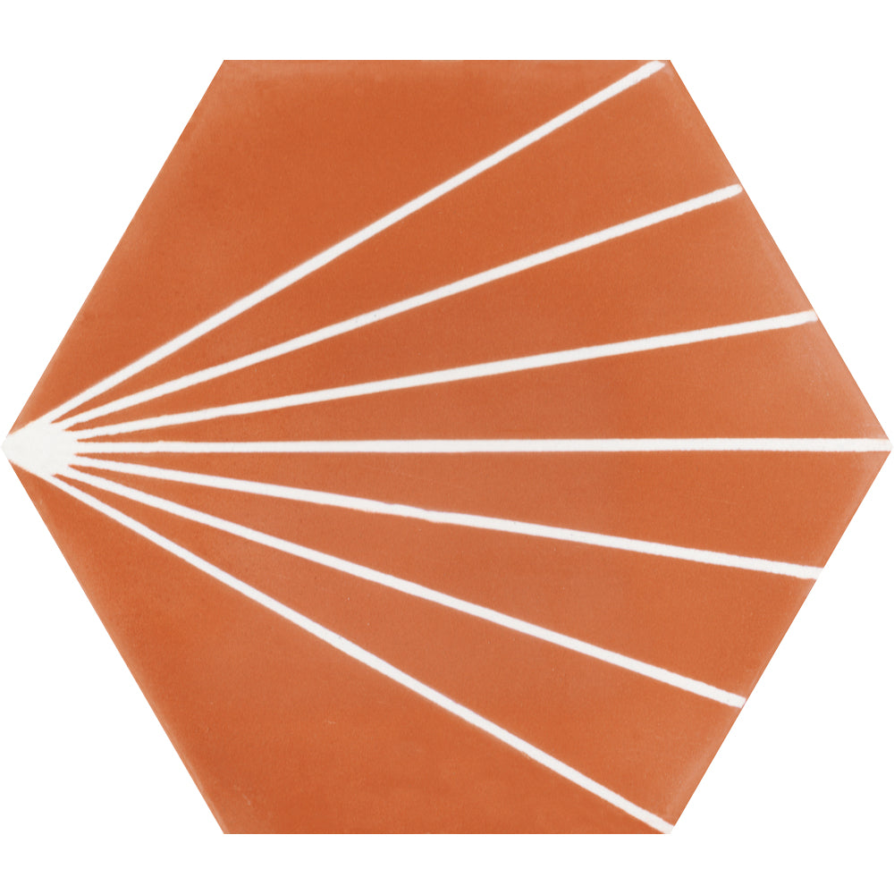 The NH23-036 - 7722 tile by New York Cement Tile is hexagonal with white fan-like lines on terracotta. Extra sample.