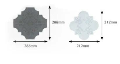Two decorative tiles, one dark and one light, with dimensions labeled: 288mm square and 212mm square, respectively.
