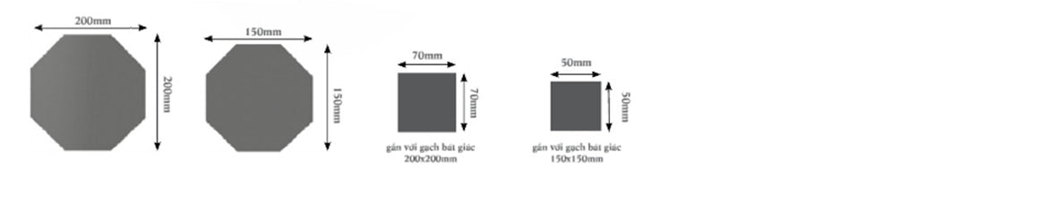 Four grey shapes: two octagons (200mm and 150mm high) and two squares (70mm and 50mm high) with size labels.