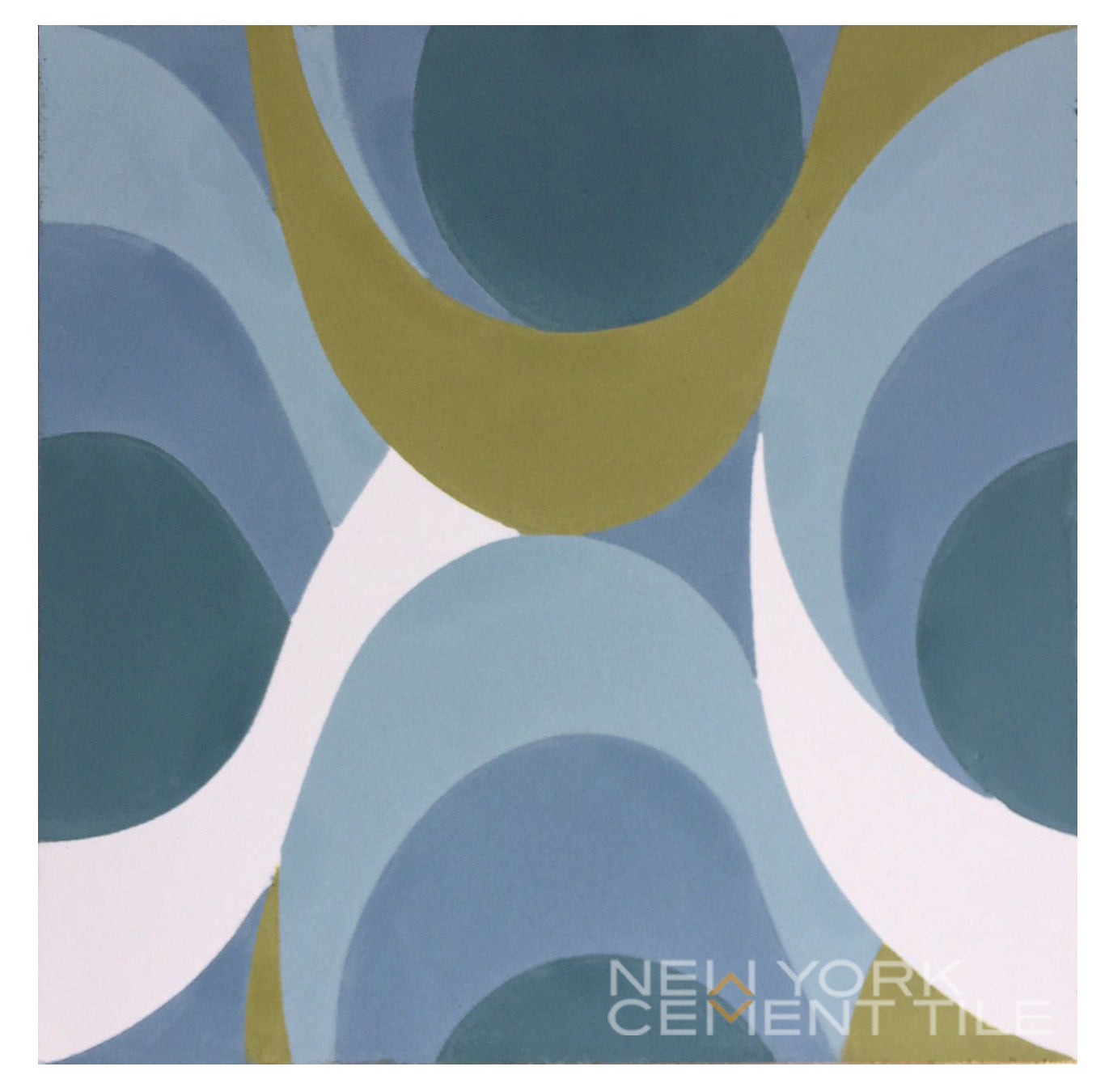 Abstract tile design with overlapping blue, green, and white curves; N20-436, Extra Sample by New York Cement Tile.