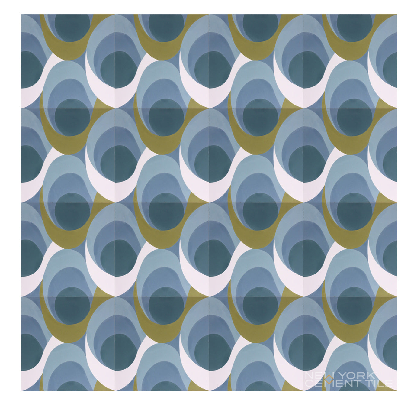 N20-436 Extra Sample by New York Cement Tile: retro geometric pattern with overlapping ovals in blue, green, and white.